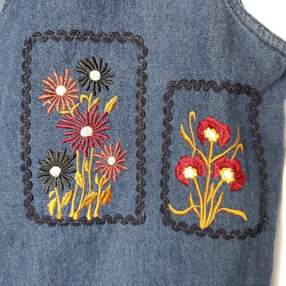 Womens Floral Embroidered Vest M Blue Lightweight Denim Cottagecore Boho Granny - Picture 3 of 6